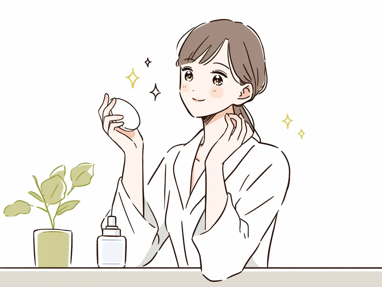 化粧水とコットンの輝き｜白いガウンを羽織った女性が化粧水とコットンを手に持ち、輝くような笑みを浮かべる姿が描かれる。背景のきらめきが肌の透明感を引き立て、清潔感ある瞬間を印象づけている。