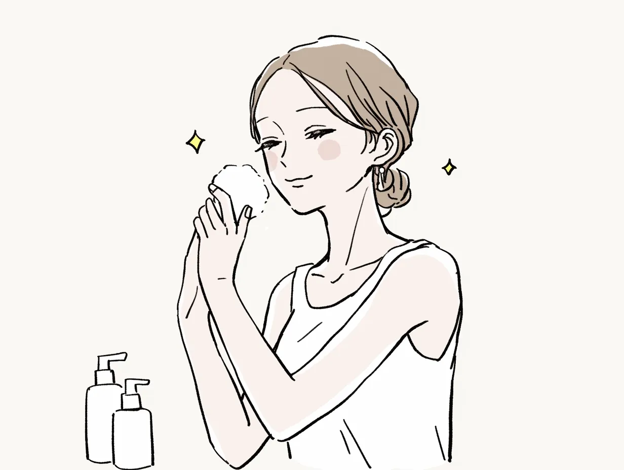 化粧水とコットンで潤う｜化粧水を染み込ませたコットンを頬にあてる女性が柔らかな表情で描かれている。背景に散りばめられた光のアクセントが、肌に宿るみずみずしい潤いを印象的に際立たせている。