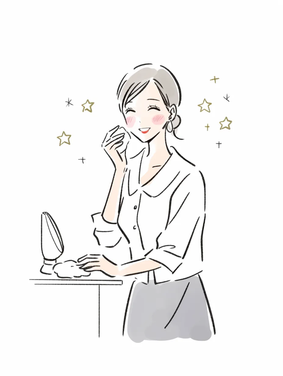 化粧水とコットンの幸福感｜化粧水を染み込ませたコットンで頬を包み、嬉しげに笑う女性の姿。星や光の装飾が楽しげな空気を添え、日常のケアが幸福な瞬間として表現されている。