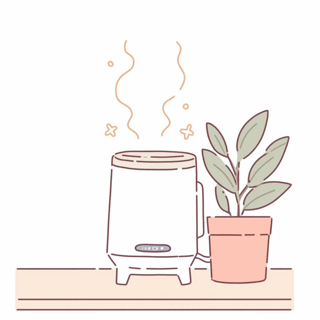植物と加湿器のやすらぎ｜鉢植えと並んだ加湿器が柔らかな蒸気を放つ姿は、室内に自然の潤いを感じさせる。直線と柔らかな線の対比が心地よさを強調し、暮らしの中での温かさをさりげなく描いている。