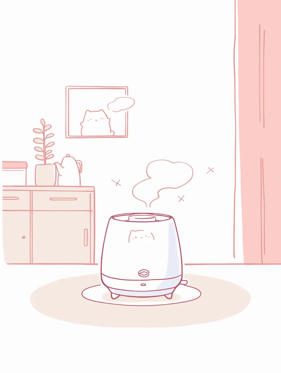 お部屋を彩る加湿器｜部屋のインテリアの一部として加湿器が配置され、蒸気とともに穏やかな空気を描き出す。背景の小物や猫のイラストが温かさを添え、暮らしに溶け込む自然な存在感を表現している。