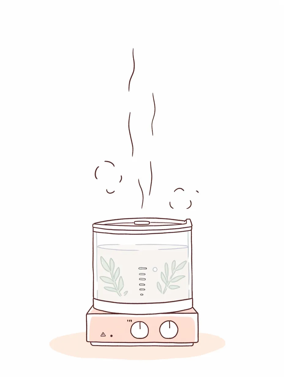 ハーブ加湿器の清涼感｜タンクの中に描かれた葉の模様が爽やかさを際立たせ、蒸気と共に自然の息吹を感じさせる加湿器。透明感ある描写と柔らかな色合いが、清潔で澄んだ空気の広がりを想起させている。