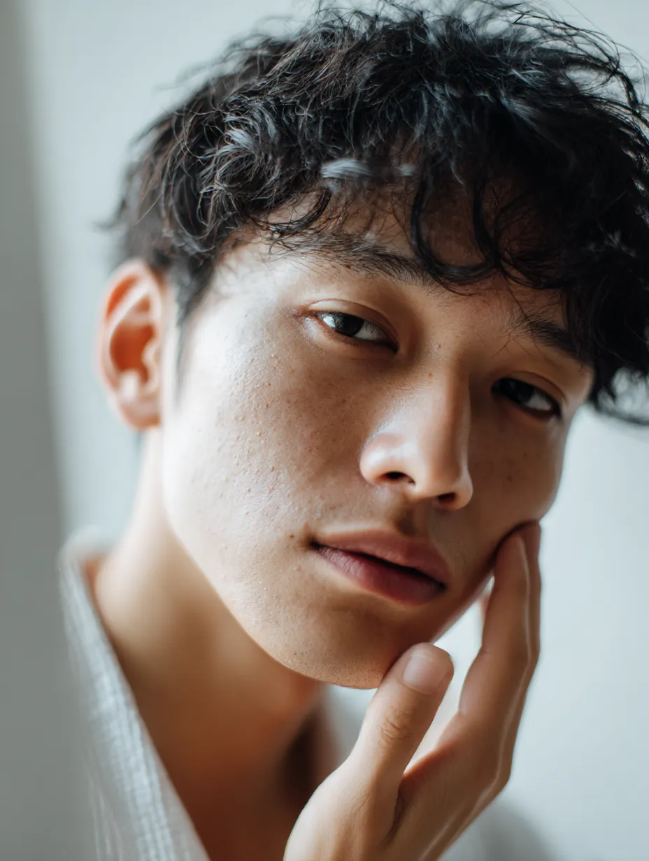 スキンケア男性写真の眼差し｜近距離から切り取られた表情が印象的なスキンケア男性写真。指先が頬に触れる仕草が柔らかな存在感を生み、素肌の質感を際立たせている。