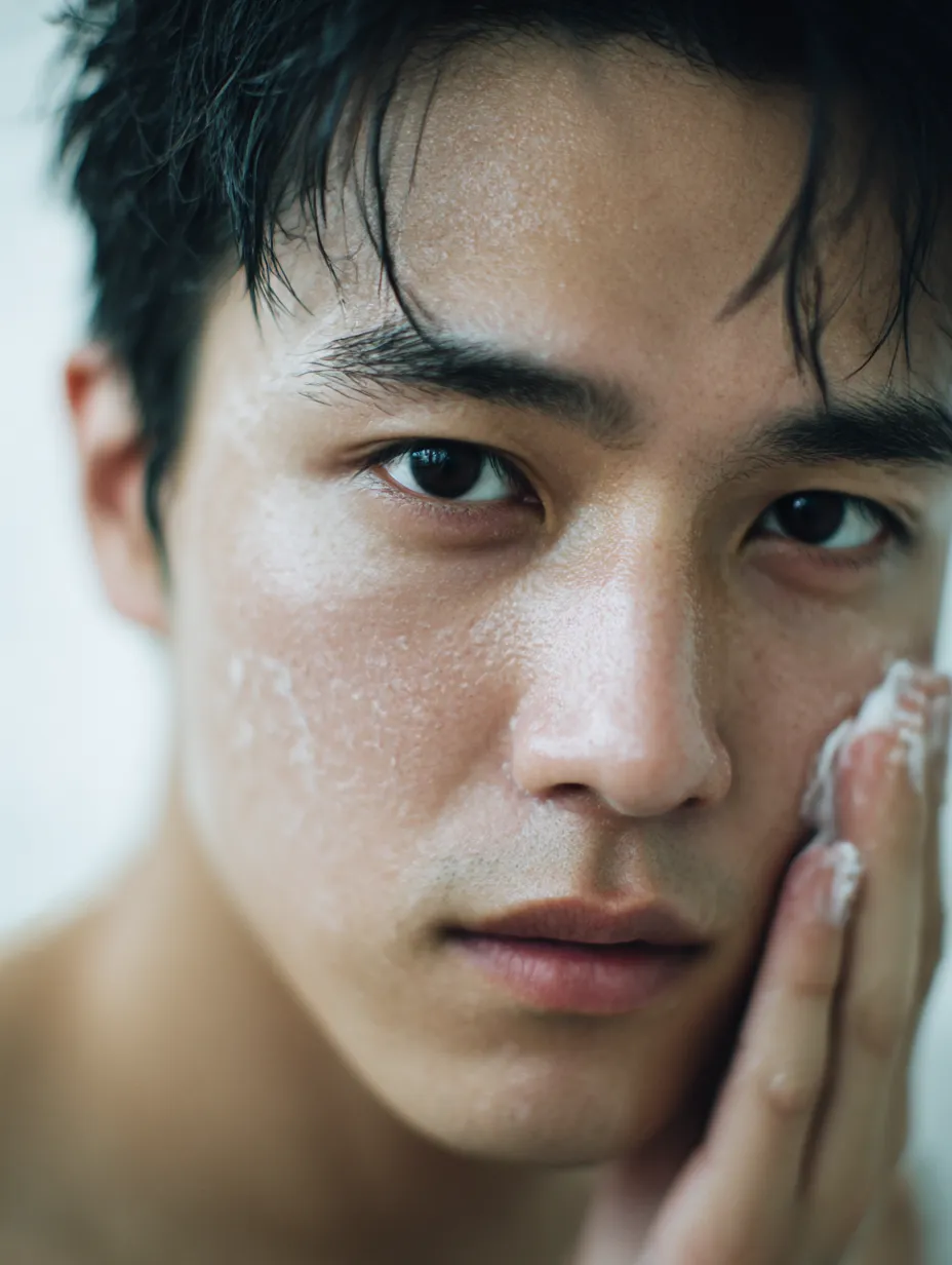スキンケア男性写真の余白｜水滴と泡が肌に残る瞬間を捉えたスキンケア男性写真。強い眼差しと濡れた質感が組み合わさり、余白に漂う力強さと素肌の魅力が際立っている。