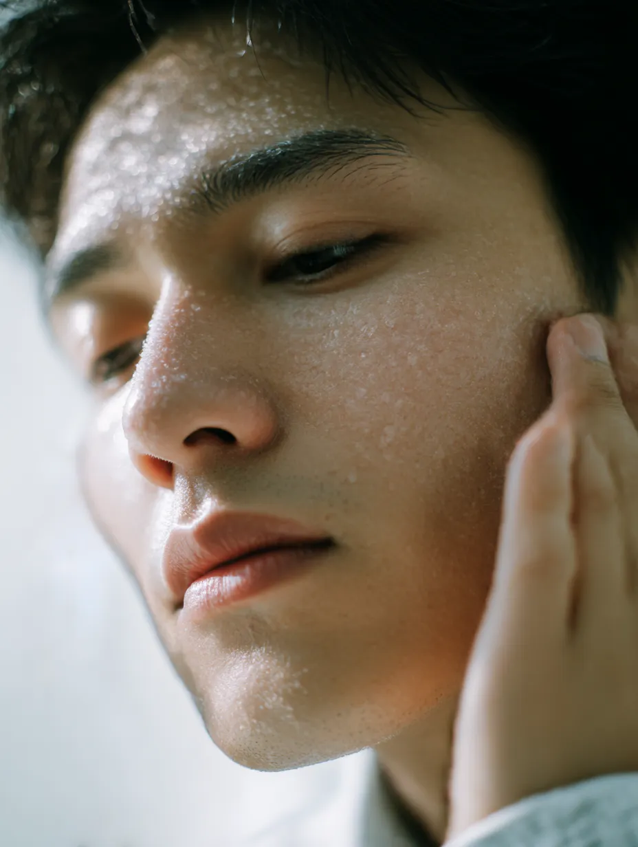 スキンケア男性写真の光沢｜光を受けた水滴が顔に散るスキンケア男性写真。肌の濡れた表情が柔らかく輝き、指先の触れ方が印象的な清涼感を強調している。