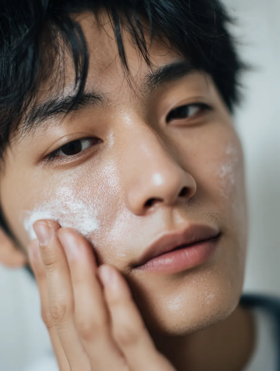 スキンケア男性写真の泡影｜白い泡が頬を覆う瞬間を収めたスキンケア男性写真。肌の濡れ感と泡のテクスチャーが交差し、素肌の清潔さと軽やかな印象を伝えている。