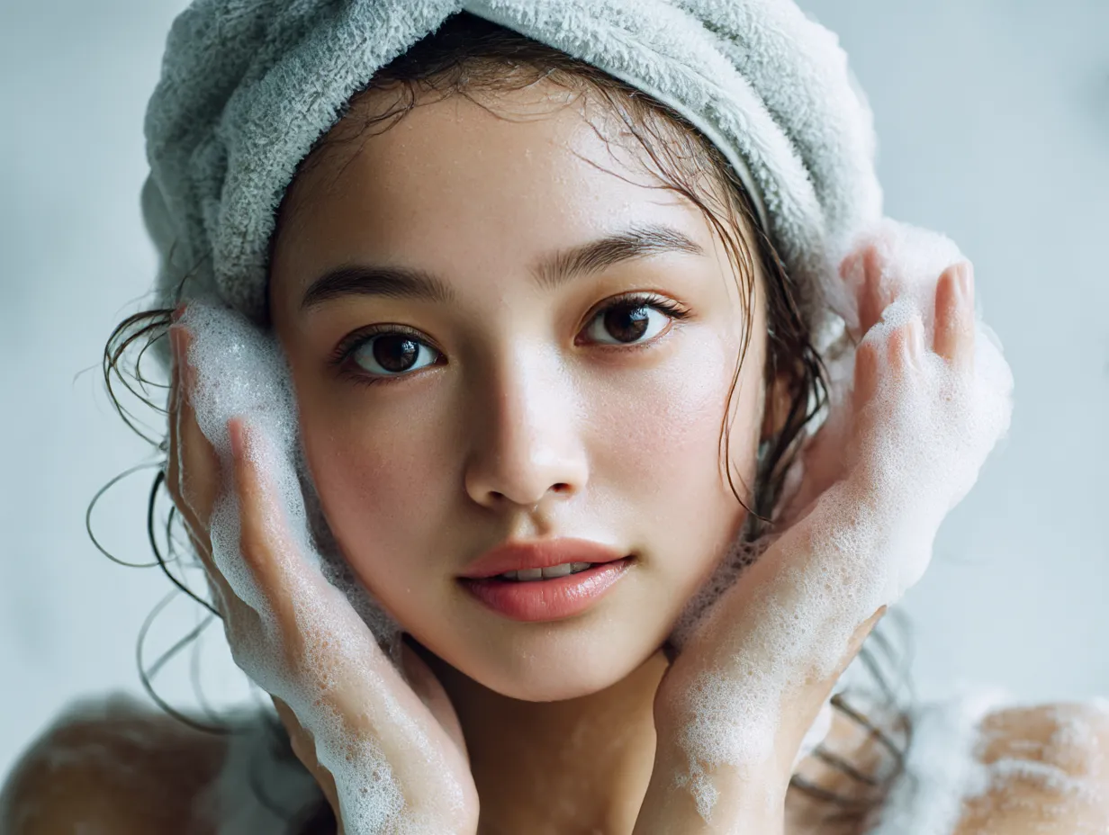 洗顔写真の透明感｜髪をタオルで包み泡を両手に抱える姿が映える洗顔写真。潤んだ瞳と細やかな泡が調和し、透明感と柔らかな存在感を演出している。