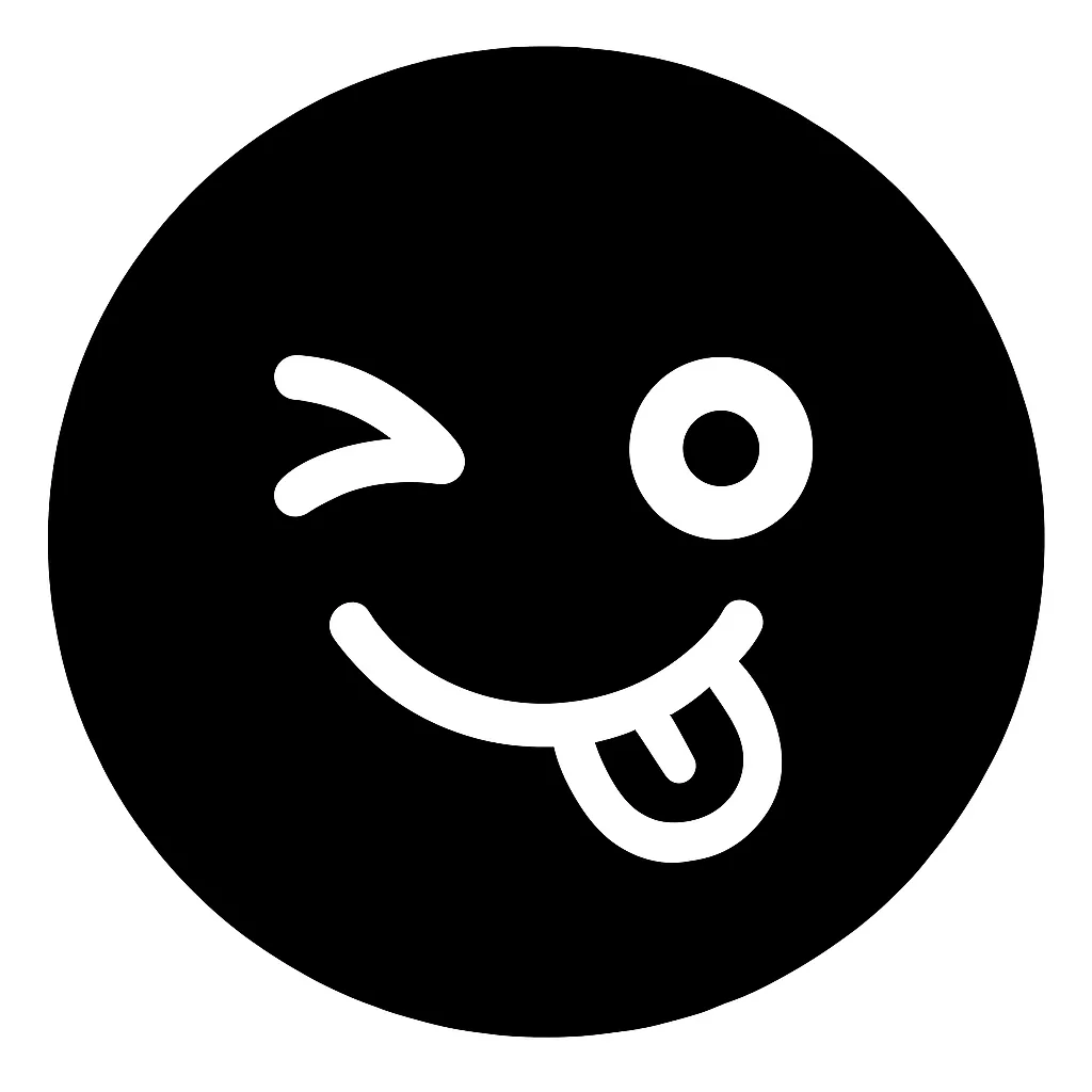 顔文字てへぺろ｜片目ウインク＋ペロッと舌を出した口元を白抜きで表現。いたずらっぽさと照れが混ざった定番の顔文字で、AAでは「(・ω<) てへぺろ☆」「(๑>◡<๑)」などが代表格。軽いミスや冗談のシーンにぴったり。