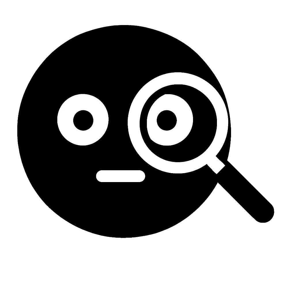顔文字調べる｜黒円の中に白抜きの目と口に加え、目の前に虫眼鏡を構えたデザイン。片目に虫眼鏡が重なる構成で、「調べてる」「検索してる」など探求心やリサーチ中の表現として使える。