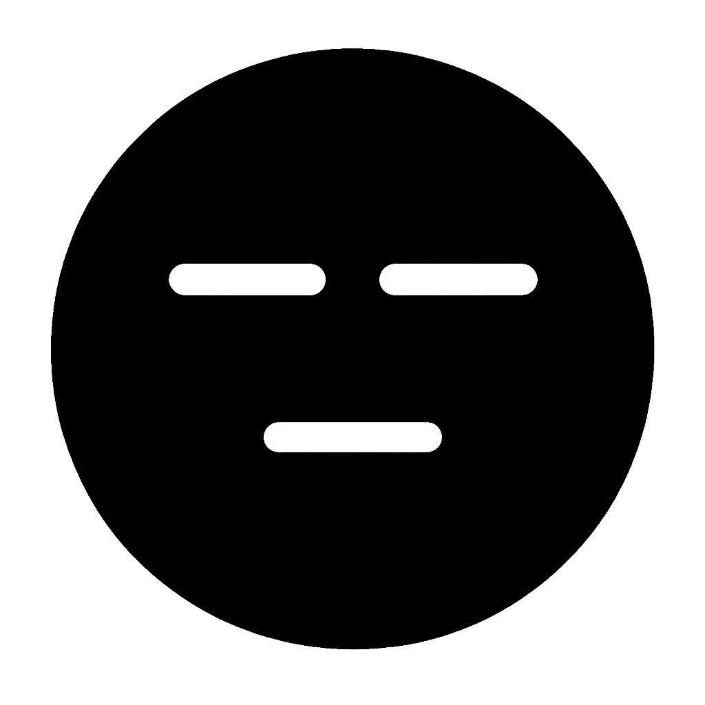 黒丸顔文字のふーん｜無表情を表現した黒丸顔文字のイラストです。シンプルなモノクロデザインが特徴で、冷静さや無関心のニュアンスを伝えます。柔らかい輪郭と均等に配置されたパーツで視覚的に整った印象を与え、無感情を表す素材として幅広く活用できます。