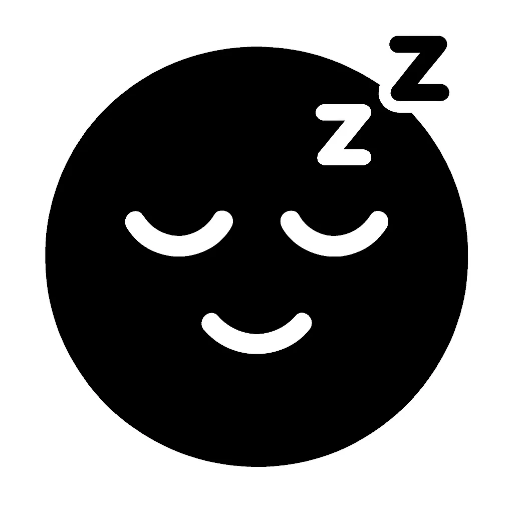 黒丸顔文字の眠い｜眠気を感じている表情を描いた黒丸顔文字のデザインです。心地よい雰囲気が漂う穏やかなタッチで、閉じた目とゆるやかな口元がリラックス感を演出します。黒一色の中にも温かみがあり、安らぎを表す用途に適したアイコンです。