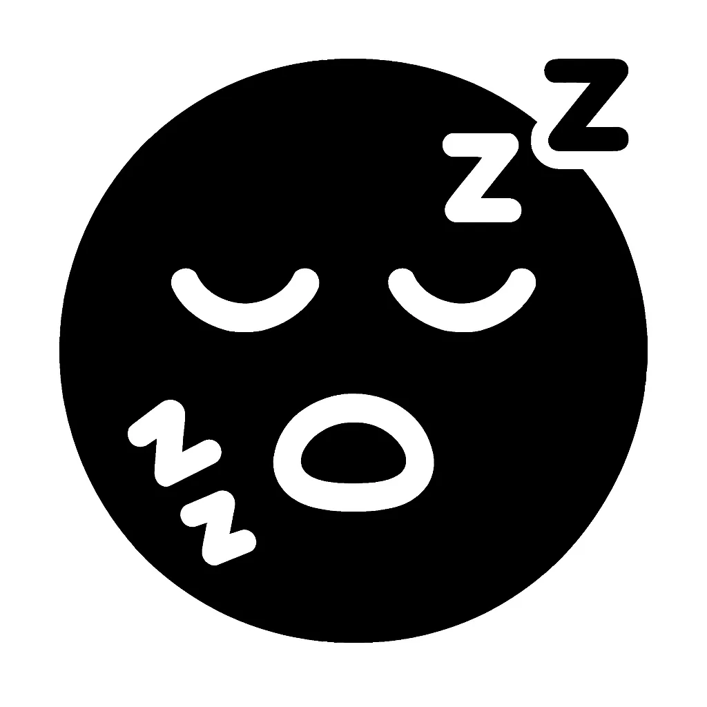 黒丸顔文字の寝る｜黒丸顔文字の寝るモチーフは、口を大きく開けて心地よい眠りについている様子を表現したデザインです。単色の黒が視覚的に引き締まった印象を与え、眠気やリラックスを表すアイコンとして親しみやすい雰囲気を演出します。
