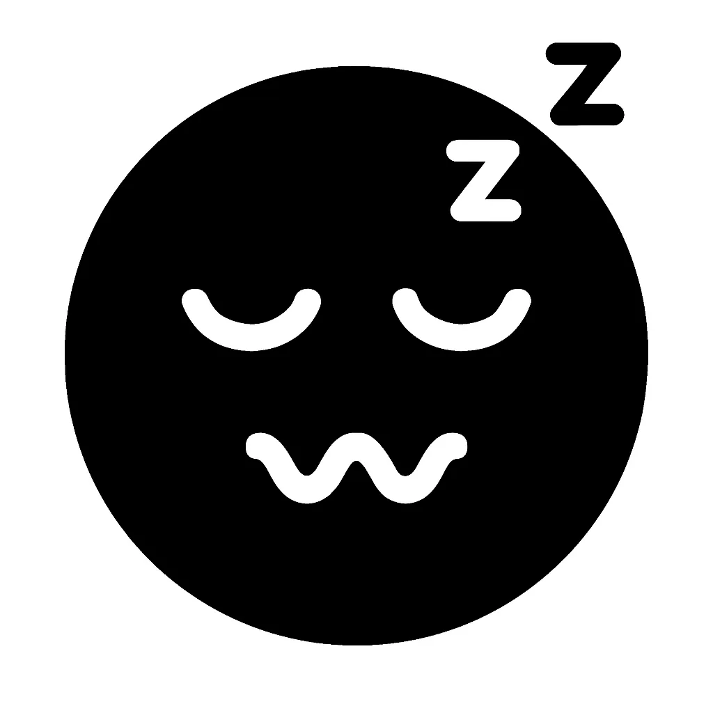 黒丸顔文字のスヤア｜黒丸顔文字のスヤアは、柔らかい口元と閉じた目が安心感を醸すイラストです。波線の口が夢心地を象徴し、シンプルながら温かみのあるモノトーンデザインで穏やかな休息を伝える用途に最適です。