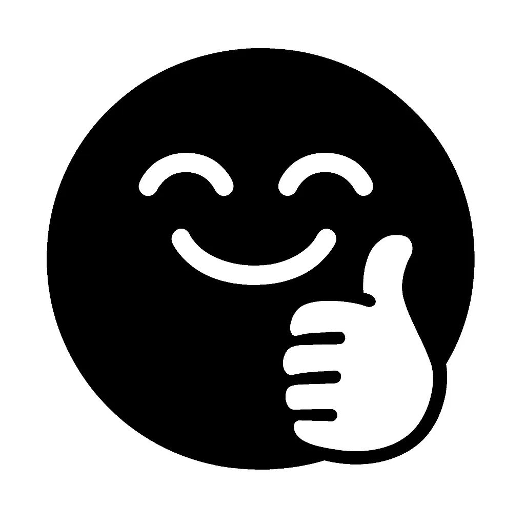 黒丸顔文字のうんうん｜黒丸顔文字のうんうんは、微笑んだ顔とサムズアップを組み合わせた肯定的な表情が特徴です。くっきりしたラインと整ったバランスが信頼感を与え、同意や承認を示すアイコンとして多彩に活用できます。