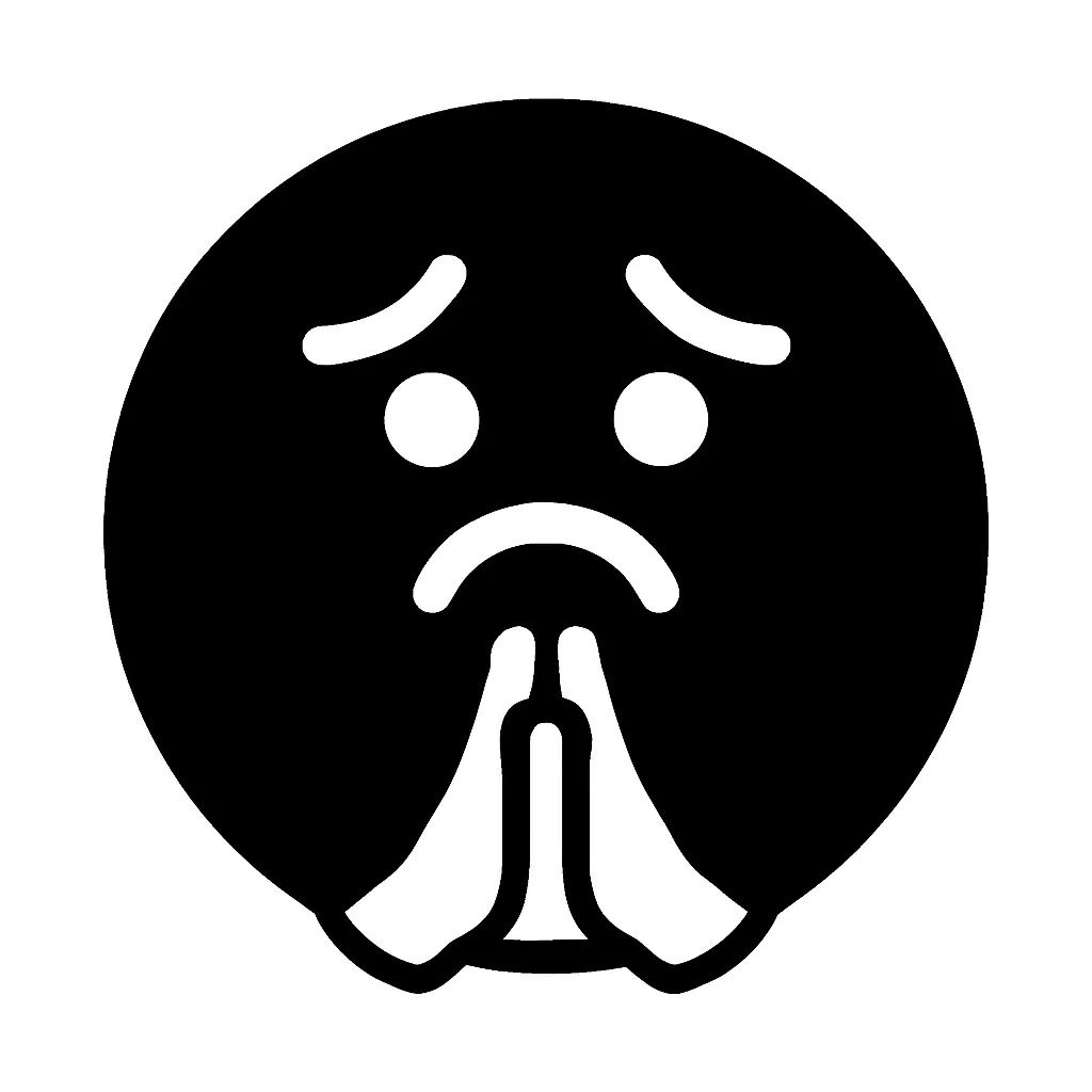 黒丸顔文字のお願い｜黒丸顔文字のお願いは、少し困ったような表情と手を合わせた仕草を描いたデザインです。モノクロのシルエットが端正な印象を保ちつつも、誠実さや願いを込めた気持ちを丁寧に表現しています。