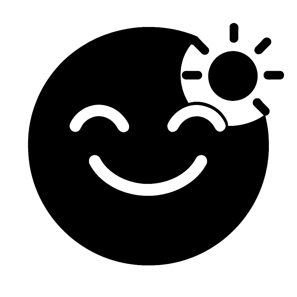 黒丸顔文字のおはよう｜黒丸顔文字のおはようは、にこやかな表情と太陽のシンボルが特徴的なデザインです。シンプルなモノトーンに晴れやかなモチーフを加え、朝の爽やかな気分を表すアイコンとして清潔感と親しみを感じさせます。