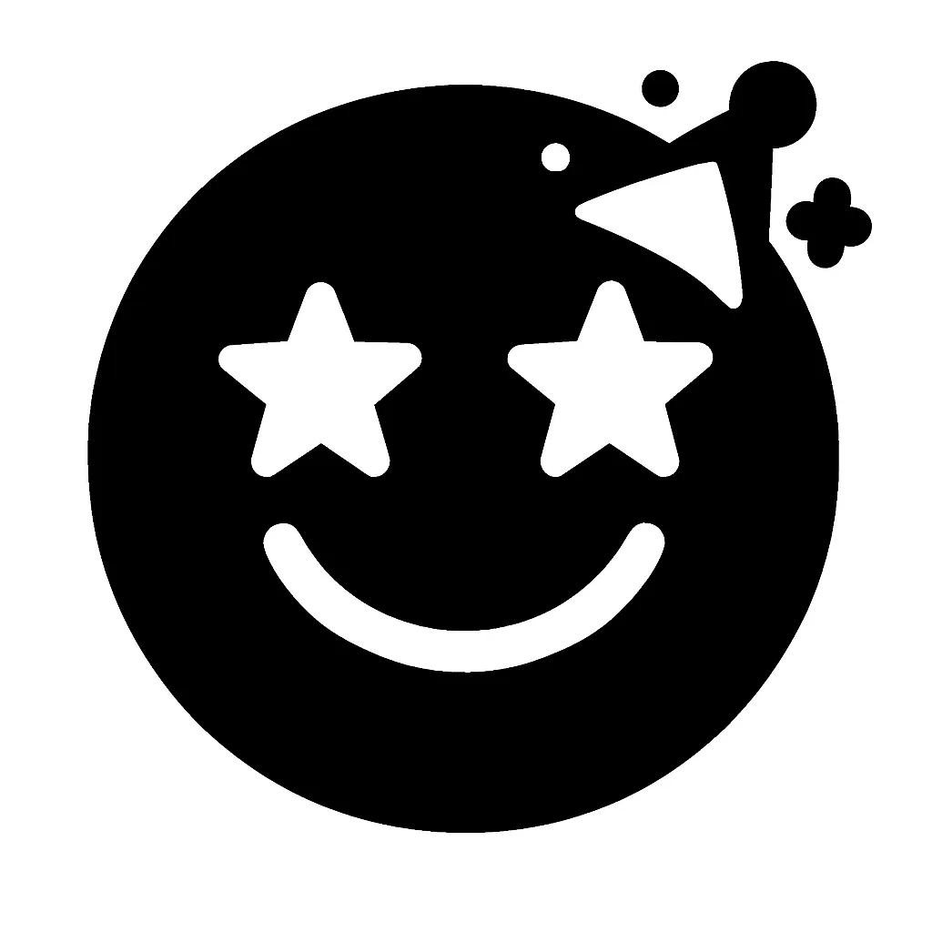 黒丸顔文字のおめでとう｜黒丸顔文字のおめでとうは、星形の目とパーティーハットでお祝いムードを演出するデザインです。黒一色のシルエットながらも、躍動感と華やかさを兼ね備えた装飾が喜びを伝える表現に活かせます。