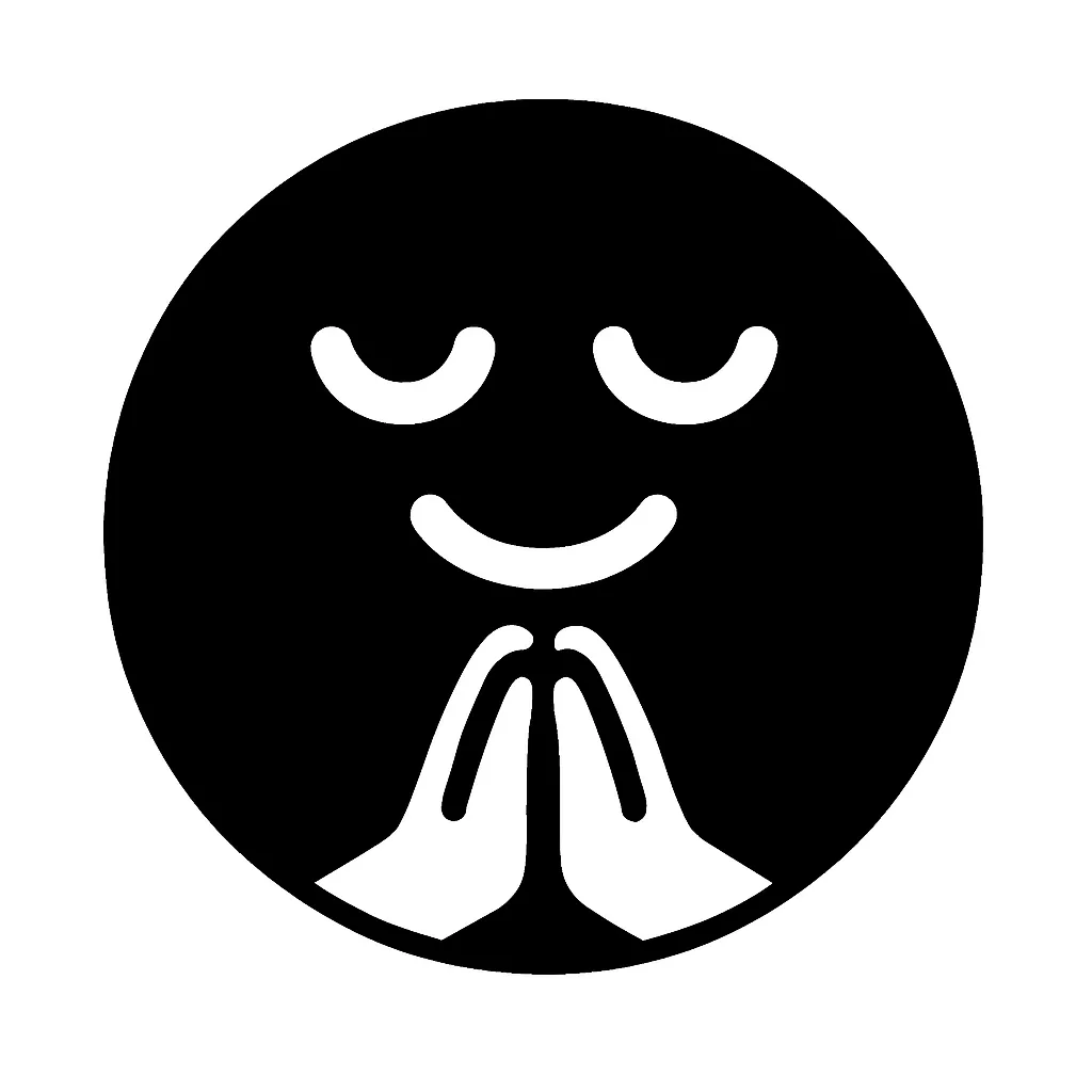 黒丸顔文字のありがとう｜黒丸顔文字のありがとうは、目を閉じた穏やかな笑顔と揃えた手が優しさを示すイラストです。整った線と落ち着いた雰囲気が感謝の気持ちを伝えるアイコンとしてシーンを選ばず使いやすい仕上がりです。