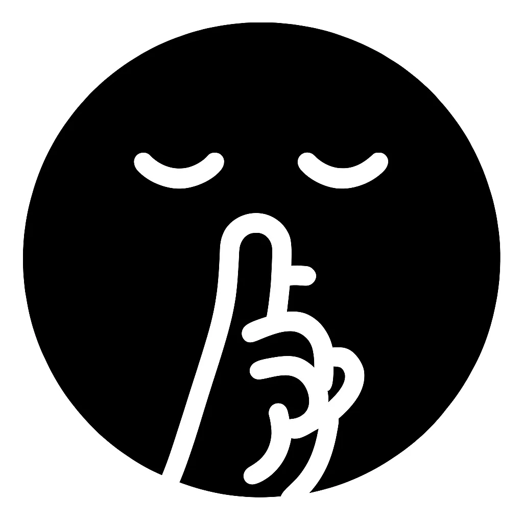 顔文字こっそり｜両目がすぼまり、口元は「しーっ」と言うような指を立てたポーズを白抜きで再現。AAでは「(｀・ω・´)ｼｰｯ」「(・x・)」などが近く、内緒や秘密のやりとりを象徴する静かな存在感が魅力。