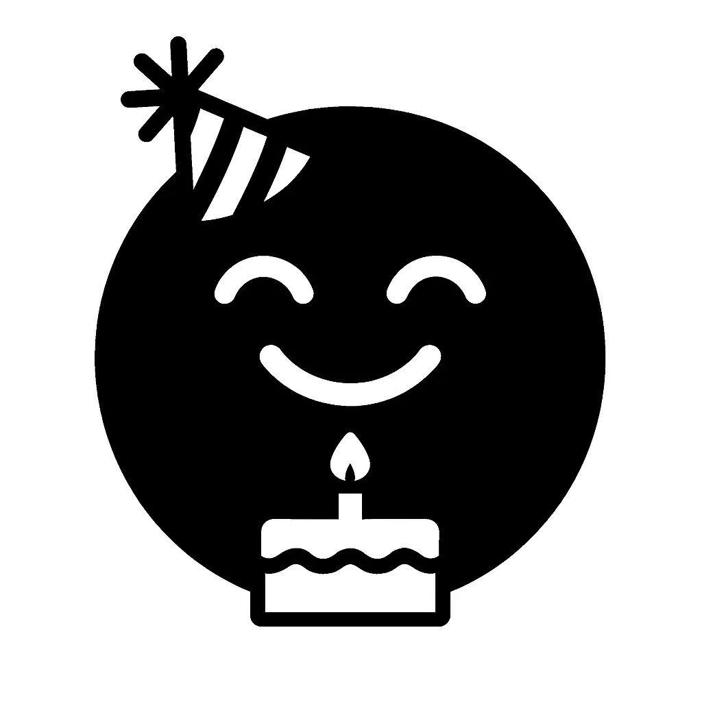 黒丸顔文字の誕生日｜黒丸顔文字の誕生日は、パーティーハットとバースデーケーキが組み合わさったお祝い感あふれるデザインです。きれいな輪郭と可愛いシルエットが、誕生日を祝う特別な気持ちを印象的に演出します。