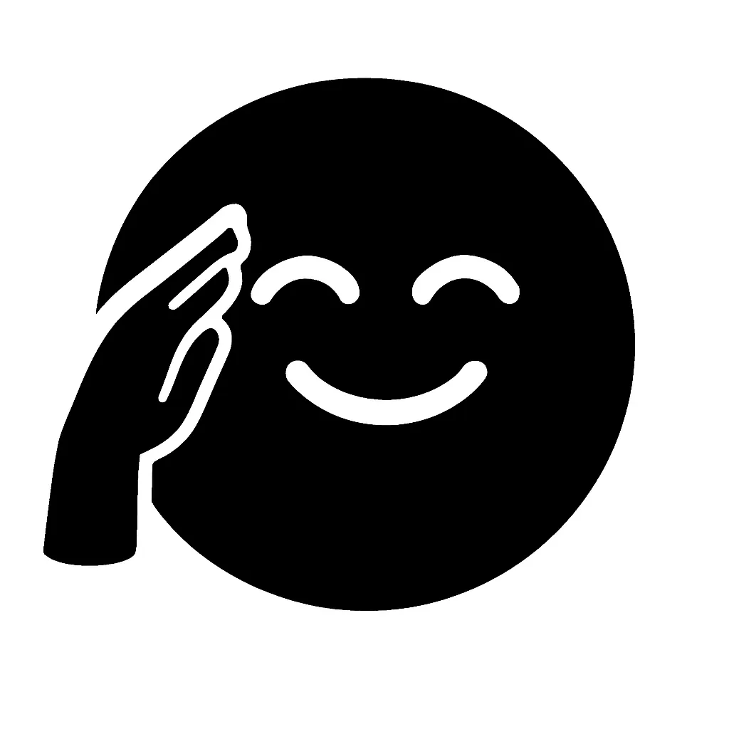 黒丸顔文字の敬礼｜黒丸顔文字の敬礼は、柔らかい曲線で描かれた表情に加え、額に添えた手が丁寧さを感じさせるピクトグラム風のスタイルです。爽やかで礼儀正しい雰囲気を放ちます。