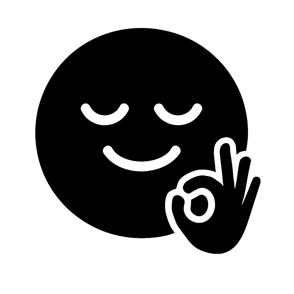 黒丸顔文字の了解｜黒丸顔文字の了解は、瞳を閉じて穏やかに微笑む顔と、OKのジェスチャーが一体化したユニークなデザインです。黒一色で統一しつつ、落ち着いた信頼感を表現しています。