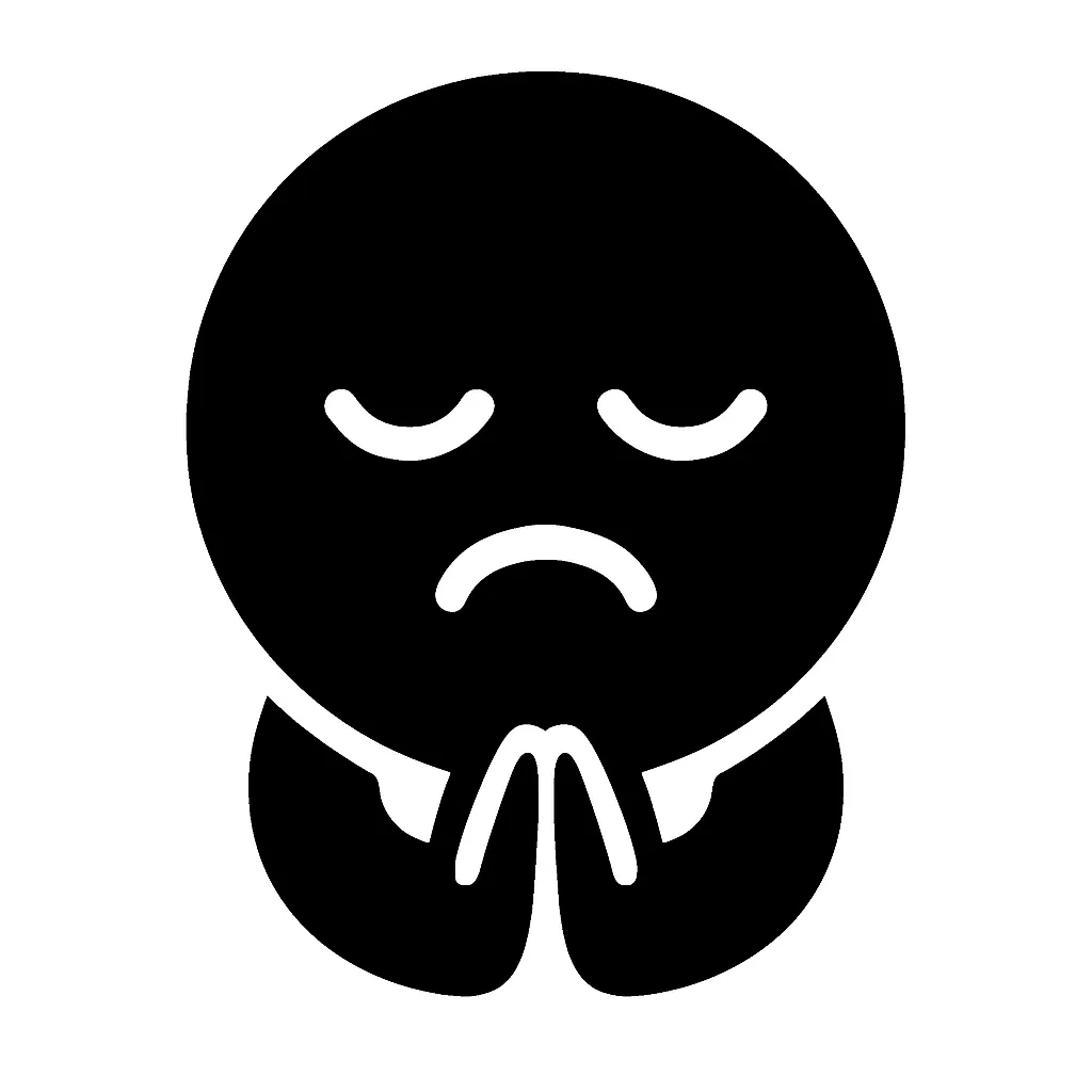 黒丸顔文字の謝る｜黒丸顔文字の謝るは、伏し目がちに口をへの字にした表情と両手を揃えたポーズが特徴です。控えめなモノトーン配色が誠意を伝え、深い反省やお詫びの気持ちを表現するスタイルです。