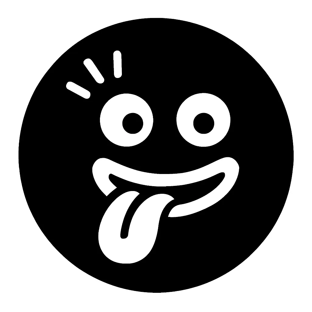 黒丸顔文字のじゅるり｜黒丸顔文字のじゅるりは、目を大きく開き舌を出したインパクトのある構図です。黒一色の中に動きのある表情が際立ち、食欲や興味を大胆に表現する個性的なデザインです。