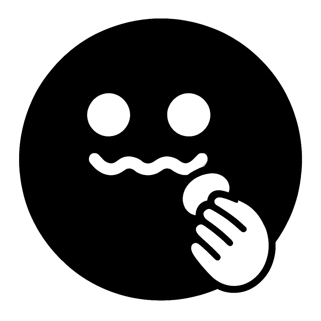 黒丸顔文字のもぐもぐ｜黒丸顔文字のもぐもぐは、口元を波打たせた表情と手に持つ食べ物が特徴です。シンプルながらもコミカルな雰囲気が漂い、黒丸顔文字の愉快さを際立たせています。