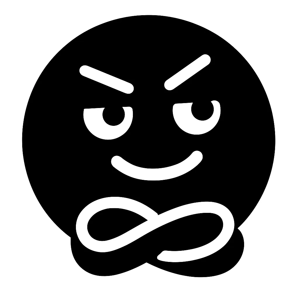 顔文字えっへん｜眉を上げた自信満々な表情と、ふくらんだ口元の白抜き構成で堂々とした印象に。AAでは「(￣^￣)ゞ」「( •̀ω•́ )✧」が近く、ちょっとした達成感やアピール表現にぴったりな誇らしげな1枚。