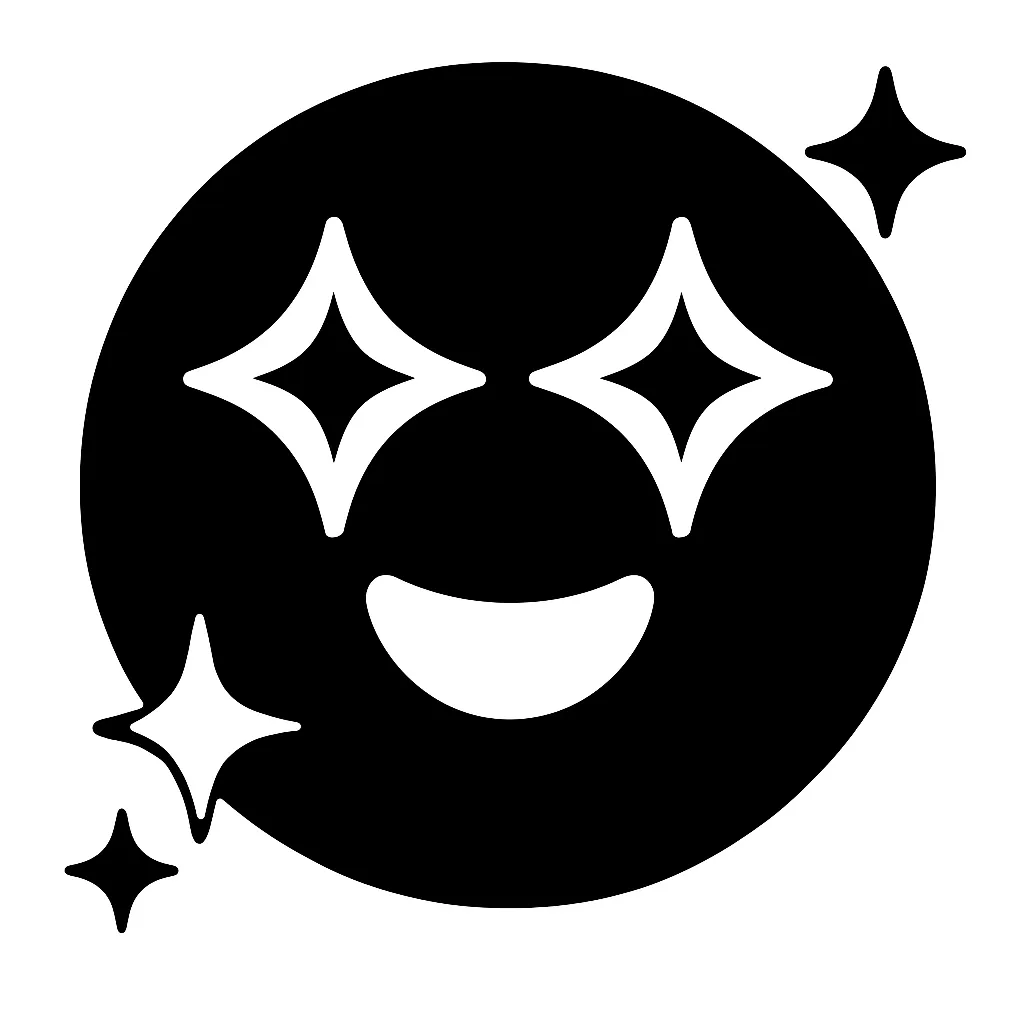顔文字キラキラ｜大きく輝く目と、周囲に白抜きの星形を配置してキラキラ感を演出。瞳にハイライトを入れたような構成で、AAでは「(☆ω☆)」「（*゜∀゜*）」が近い。感動・賞賛・ひらめきなどの場面で使いやすい。