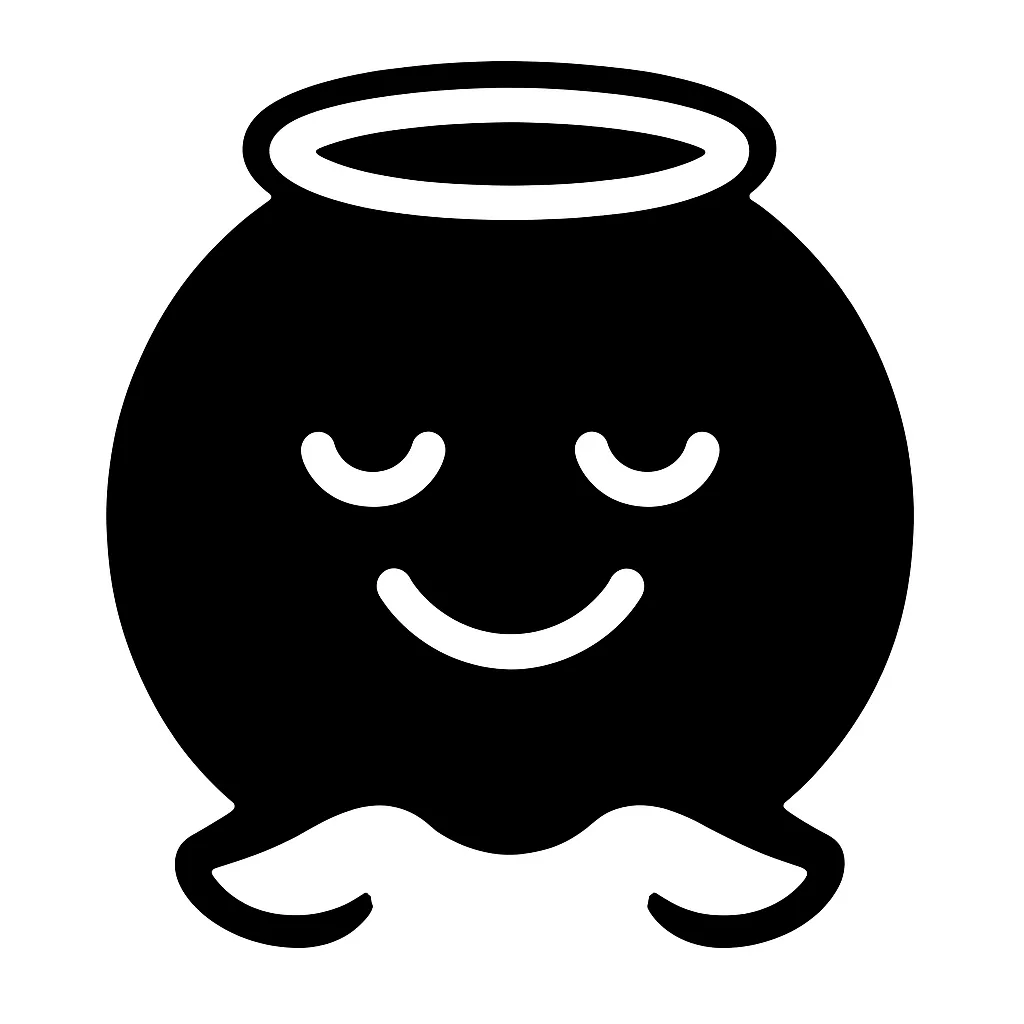 顔文字天使｜やさしい目元とふんわり微笑む口、白抜きの小さな天使の輪を頭上に配置。AAでは「(◕‿◕✿)」「(｡♥‿♥｡)」などが連想され、純粋さややさしさ、癒し系の雰囲気を伝えるモチーフにぴったり。