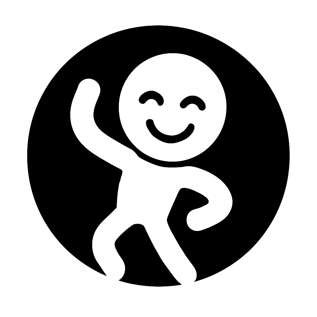 顔文字ダンス｜両目とにっこり笑顔の口元に加え、腕を上げたポーズやリズム感ある配置を白抜きで表現。AAでは「♪┏(・o･)┛♪」「(o´∀｀)o┏━┓」などが有名で、楽しさやノリの良さを伝える動き系素材。
