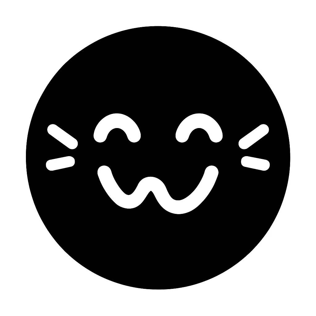 黒丸顔文字るんるん｜黒い円の中央に、楽しさがあふれる「るんるん」表情を白抜きで表現。丸い目とウキウキした弧状の口元、左右のラインで動きを加えた軽快な印象。白背景や透過背景に適し、資料やSNSのアクセントに最適。