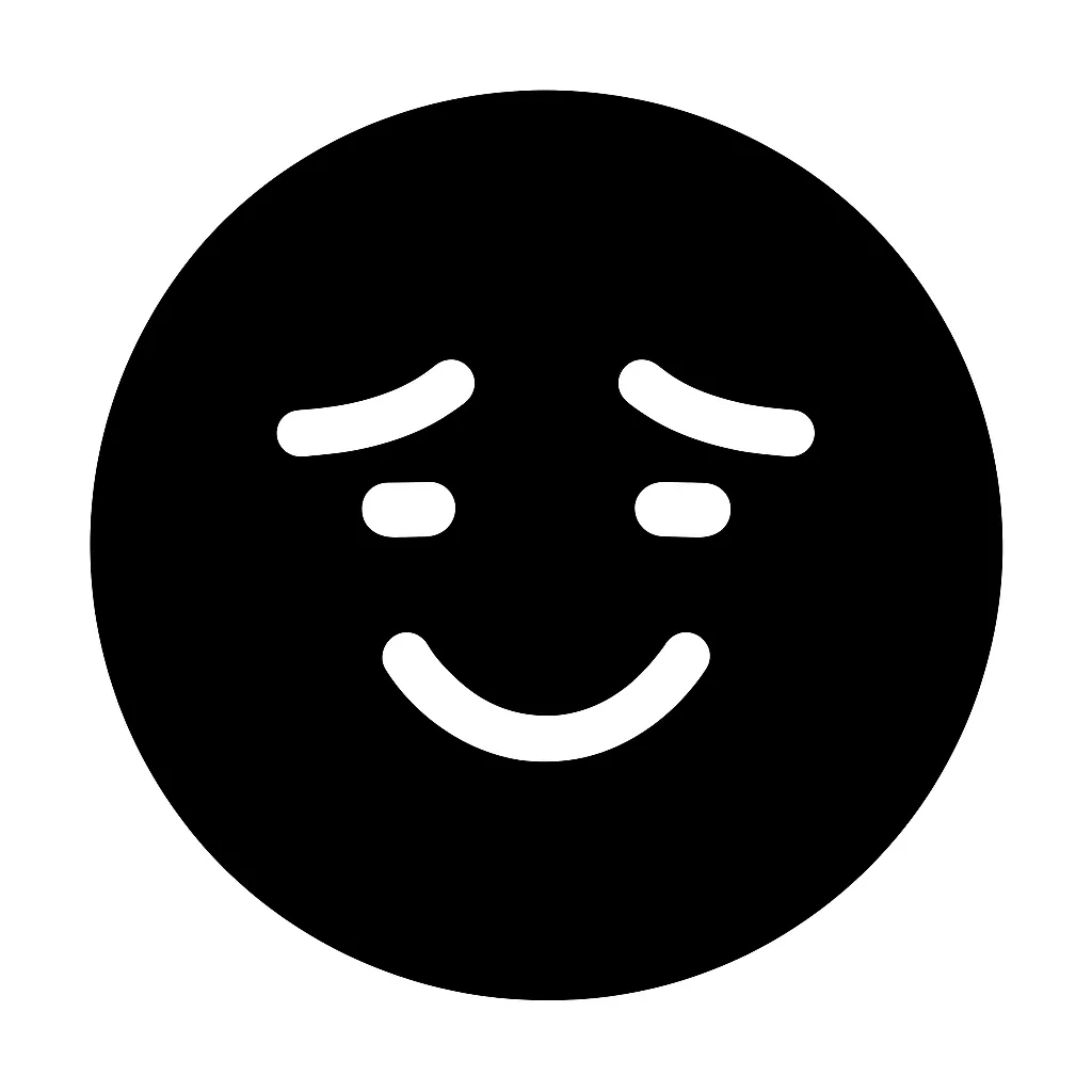 黒丸顔文字苦笑い｜黒い円に、白抜きのへの字笑顔とゆるく下がった眉で「苦笑い」を表現。少し困ったような表情が場の空気をやわらげる。説明資料やカジュアルなコミュニケーションに最適。