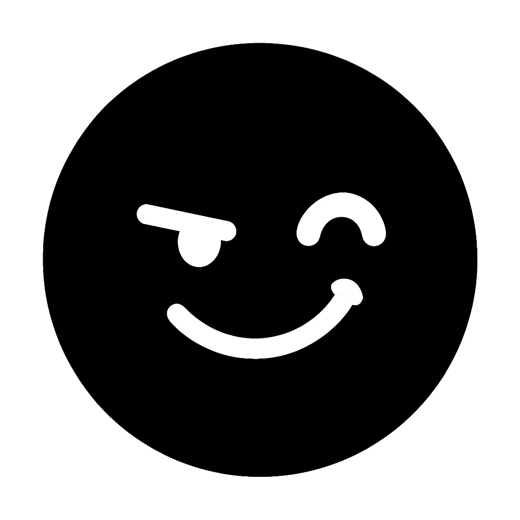 黒丸顔文字にやり｜白抜きのウインク風表情と、斜めに引いた口元で「にやり」とした含み笑いを表現。いたずら心や自信、茶目っ気のあるリアクションに最適で、SNSや軽いコミュニケーションで活躍。