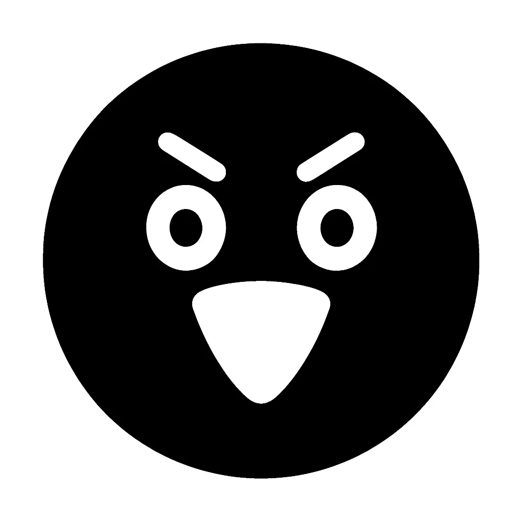 黒丸顔文字プギャー｜黒い円の中に、白抜きで大きく開いた三角形の口と丸い目、つり上がった眉を配置。強めのリアクションや嘲笑・煽りのニュアンスを持ち、SNSやカジュアルな対話装飾にインパクトを与える表情アイコン。