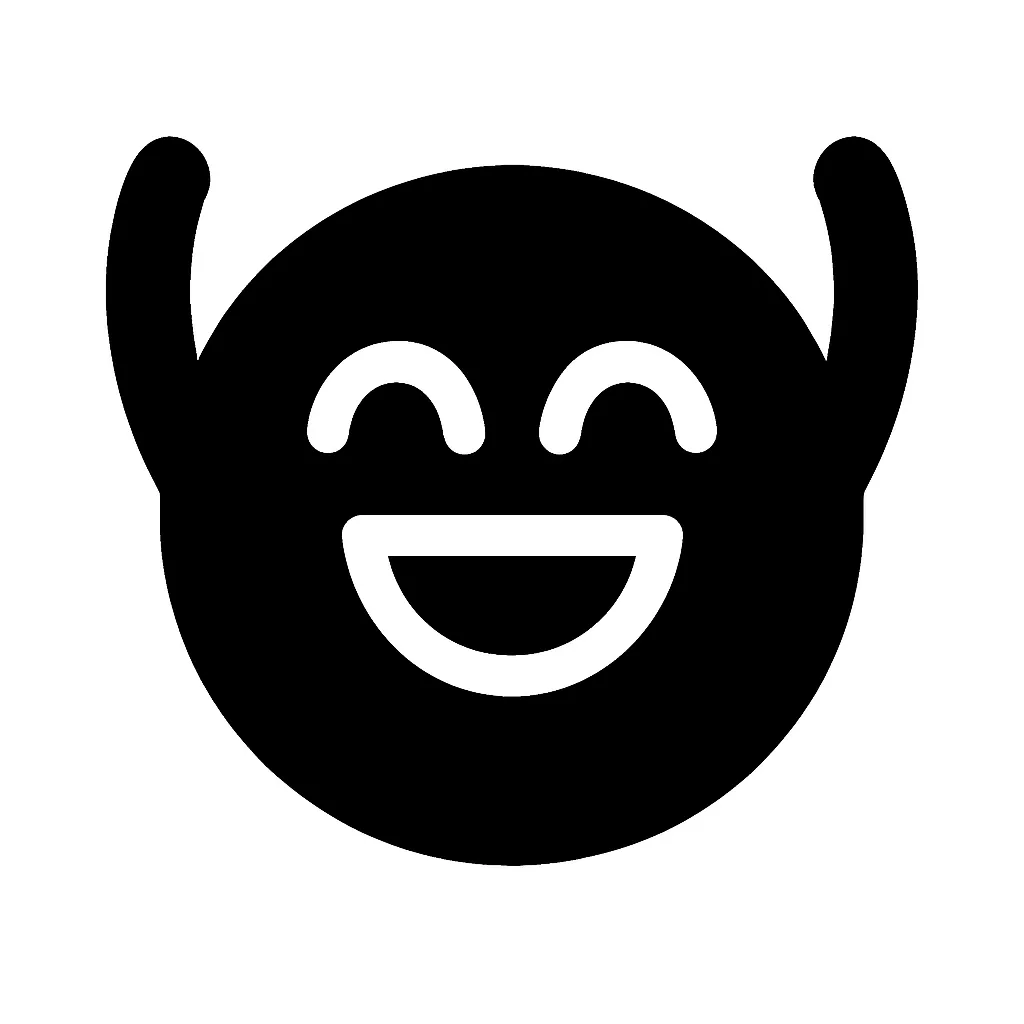 黒丸顔文字わーい｜両手を上げたようなシルエットに、白抜きの満面の笑顔を組み合わせた元気な表情。「うれしい！」「たのしい！」を全身で表す動きある構図で、イベント告知やポジティブ表現に最適。