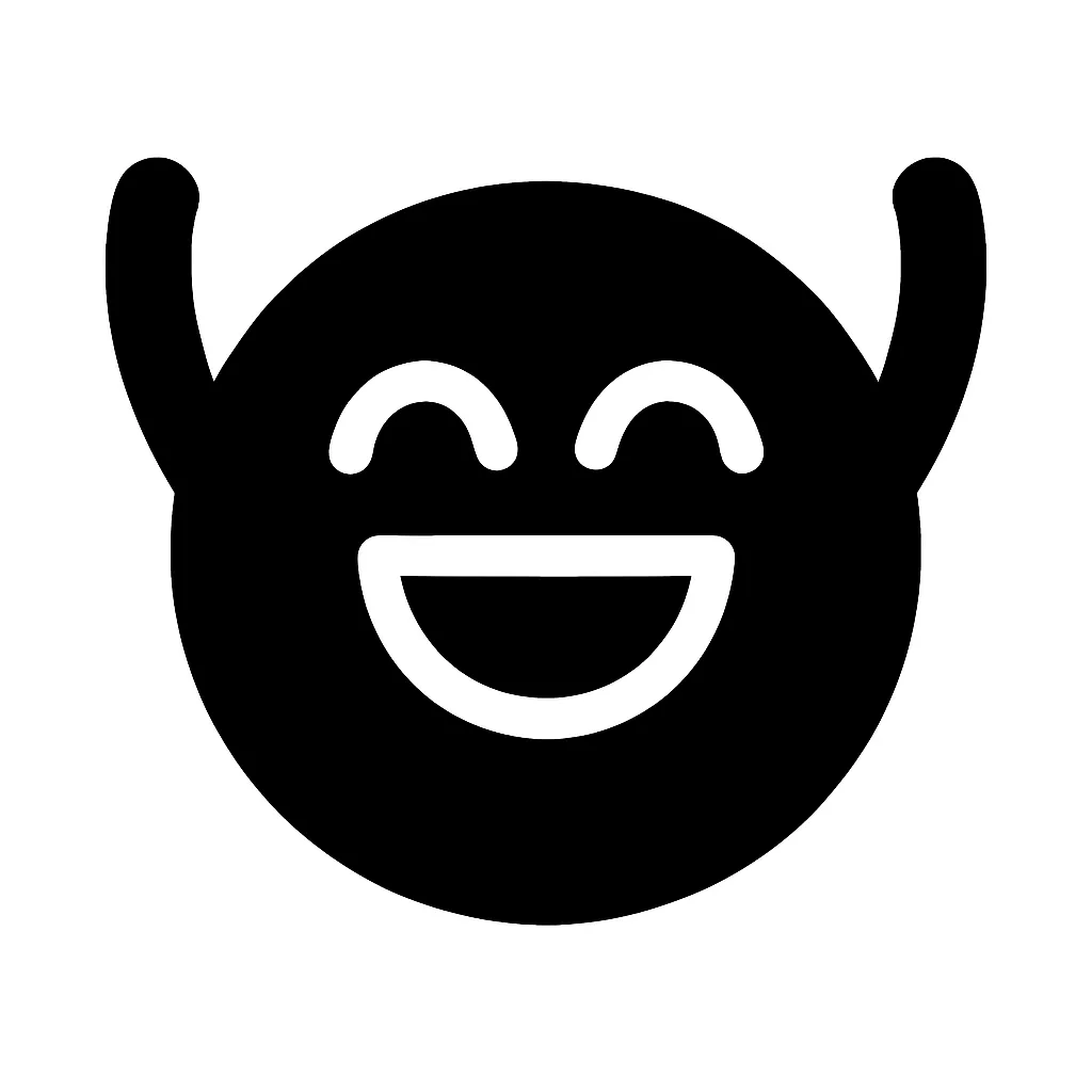黒丸顔文字やったー｜黒い丸に満面の笑顔＋バンザイポーズを白抜きで描いた喜び全開の表情。目は細く弧を描き、口は大きく開けて「成功！達成感！」を伝える。発表資料・応援コンテンツにもぴったり。