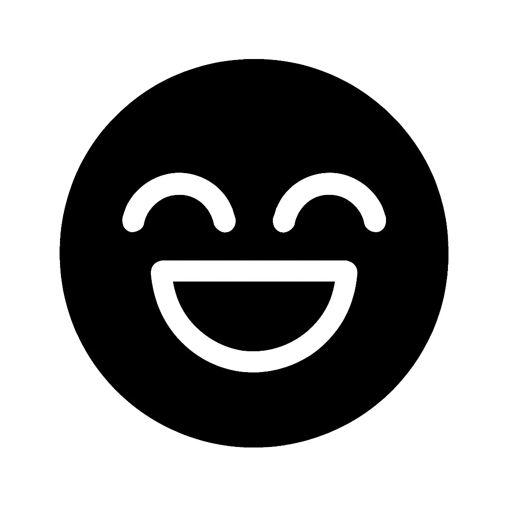 黒丸顔文字喜ぶ｜黒い真円に、両目を大きく弧状に開き、白抜きで喜びの表情を表現。口元も大きく開けて明るく前向きな感情を伝える構成で、お祝い・応援・成功など幅広いシーンに使える万能アイコン。