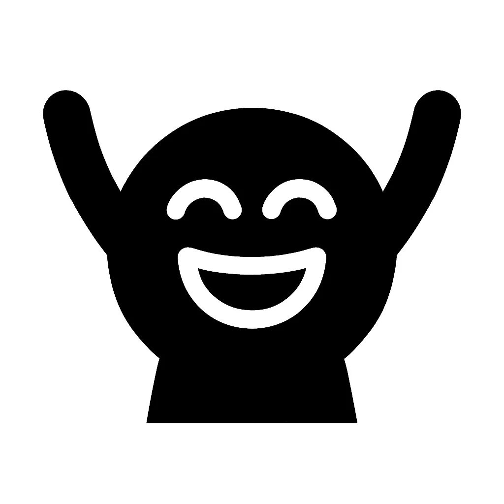 黒丸顔文字わっしょい｜元気に跳ねるようなポーズを黒円内に白抜きで描き、顔には活気ある笑顔をセット。「わっしょい」の掛け声を体現するような賑やかさで、祭り・イベント・応援用途にぴったり。