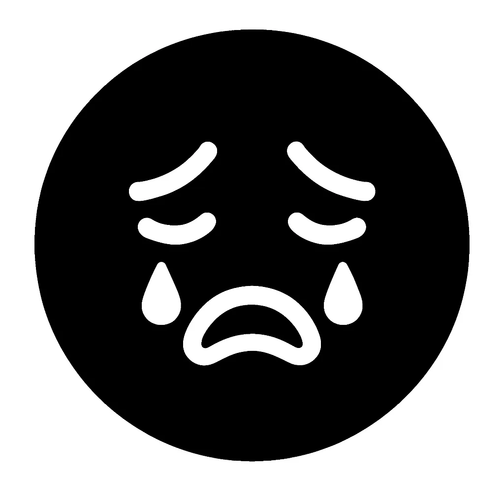 黒丸顔文字泣く｜黒い円に、白抜きの大粒の涙と下がり目、への字口を配置して悲しみを表現。シンプルながら感情が伝わるデザインで、共感・失敗・別れなど、しんみりしたシーンに適した表情アイコン。