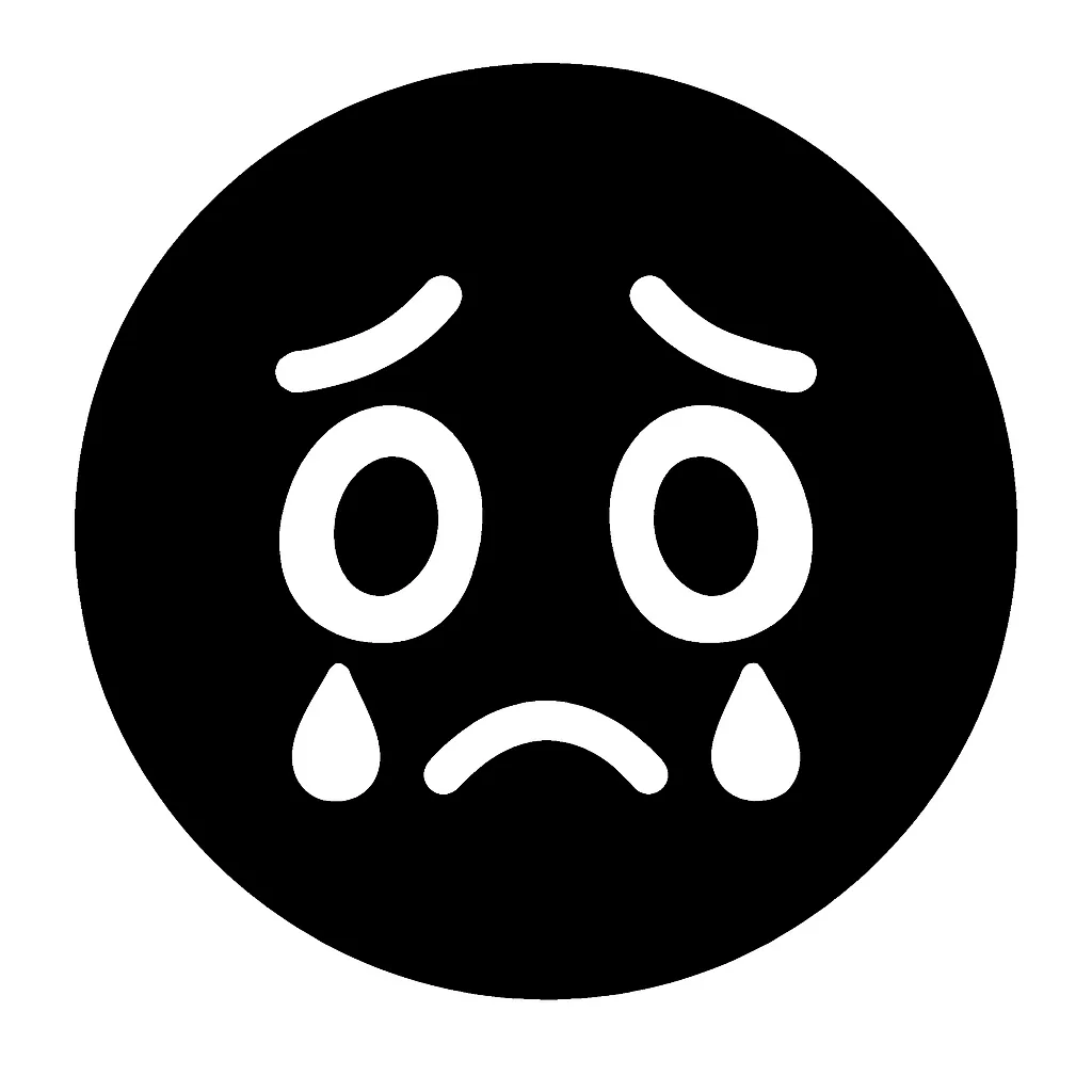 黒丸顔文字うるうる｜黒い円の中に、今にも涙がこぼれそうなうるんだ目と小さな口元を白抜きで描写。目の下に涙をためたデザインが特徴で、感動・お願い・心が揺れる場面などに使いやすい表情アイコン。