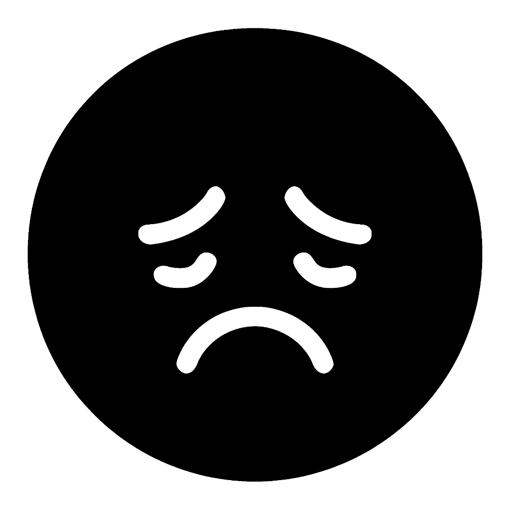 黒丸顔文字悲しい｜黒い丸の中に、たれ目とへの字口のシンプルな組み合わせで「悲しみ」を表現。白抜きのバランスがよく、感情を静かに伝えることができるデザイン。共感・別れ・しんみりとした場面に適する。