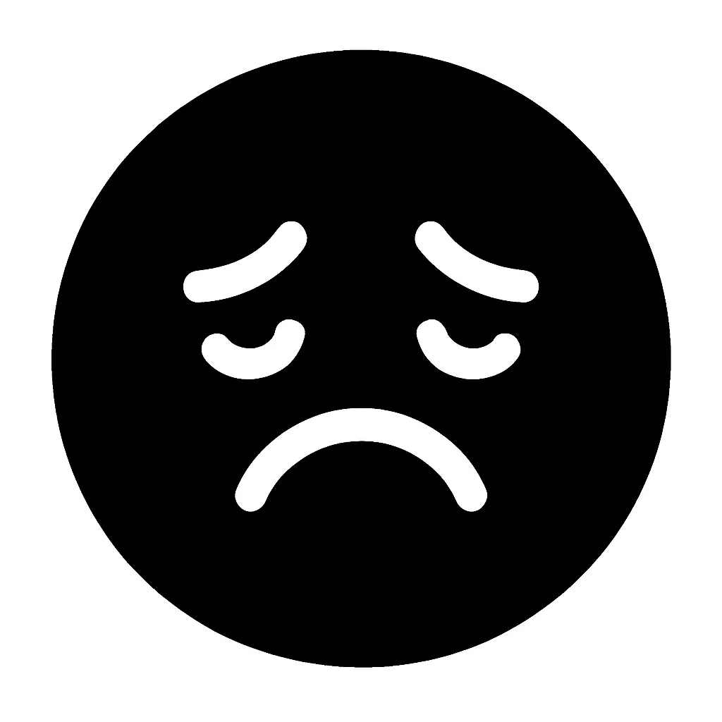顔文字しゅん｜黒丸の中に白抜きでしょんぼりとした目と、への字に下がった口を配置した「しゅん」と落ち込んだ表情の顔文字です。無言の悲しみや、気弱な印象を伝える際に便利なシンプルアイコン素材です。