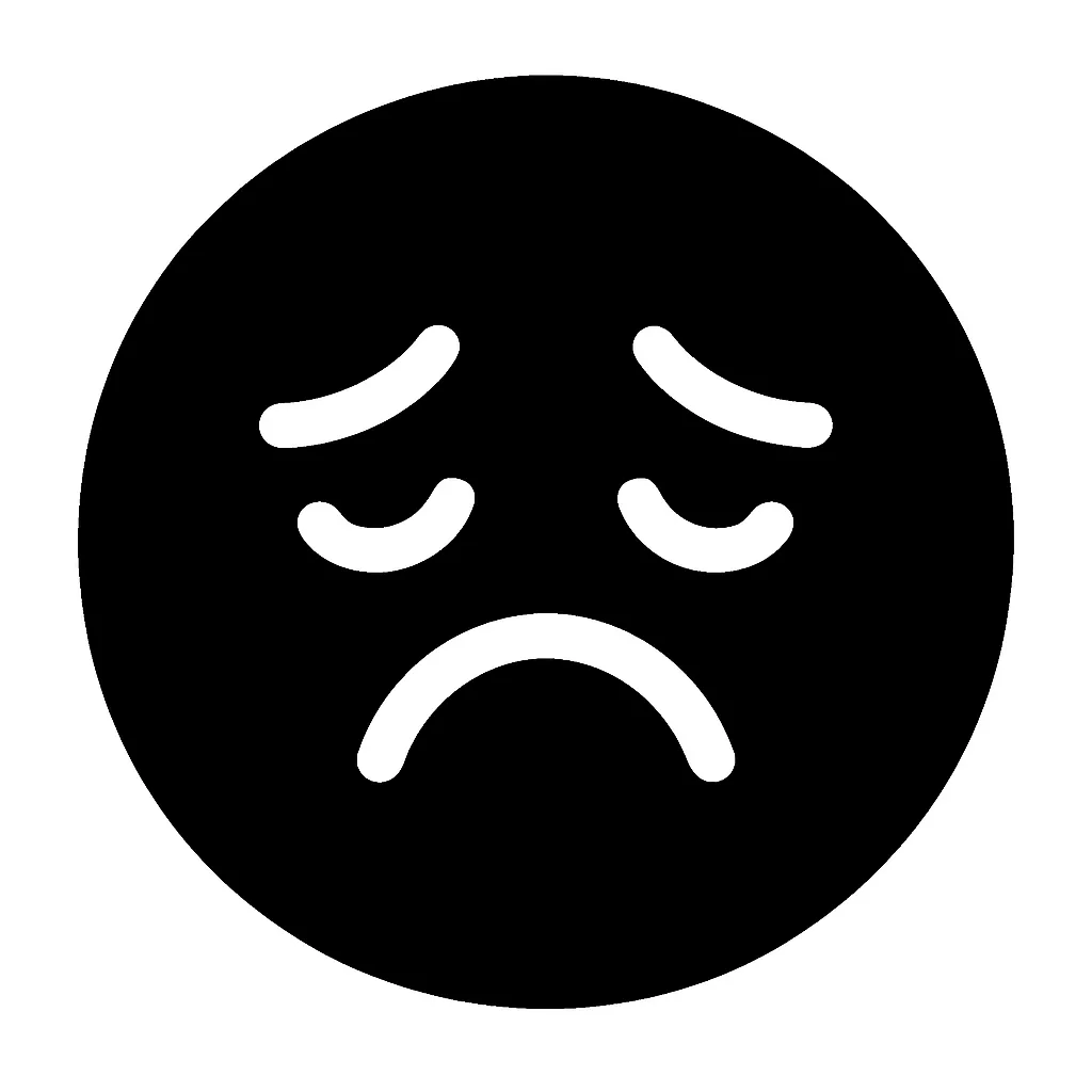 顔文字しょぼん｜垂れ下がった目と、下向きの大きめな口を白抜きで描いた「しょぼん」表情の顔文字です。哀愁やしょんぼり感をかわいく表現でき、SNSや掲示などで汎用的に使えます。