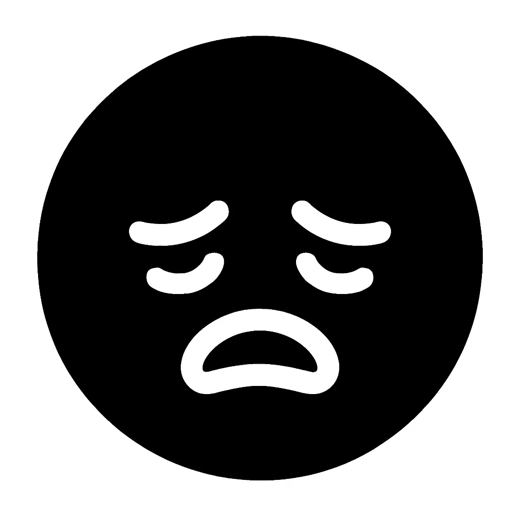 顔文字疲れた｜とろんとした目とへの字口、全体に力の抜けた表情で「疲れた」気持ちを示す白抜き顔文字です。がんばった後の投稿や、疲労感を伝える場面にぴったりのデザインです。
