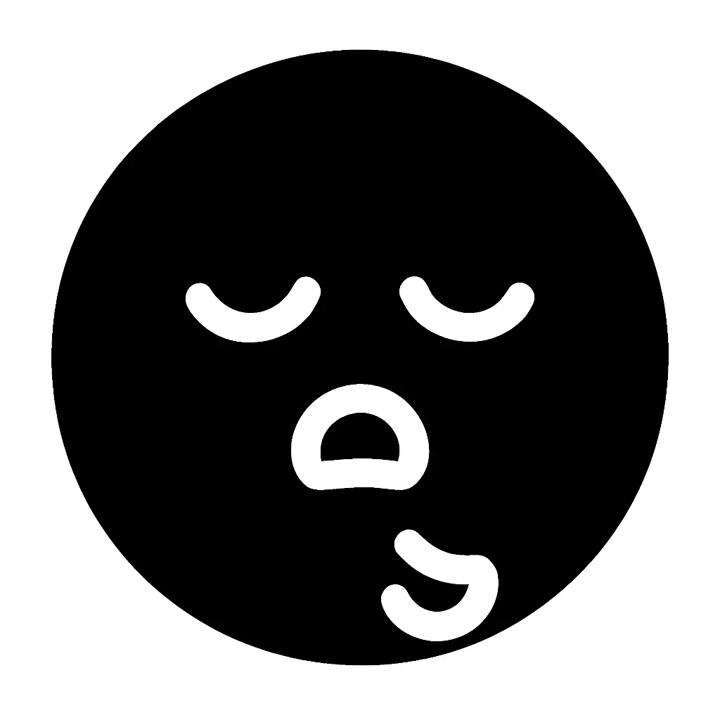 顔文字ため息｜黒丸の中に白抜きでしぼんだ目とゆるんだ口を描き、「ふう…」とため息をついたような表情の顔文字です。疲れや諦め、落ち着きたい気分などを表現するのにぴったりのシンプル素材です。