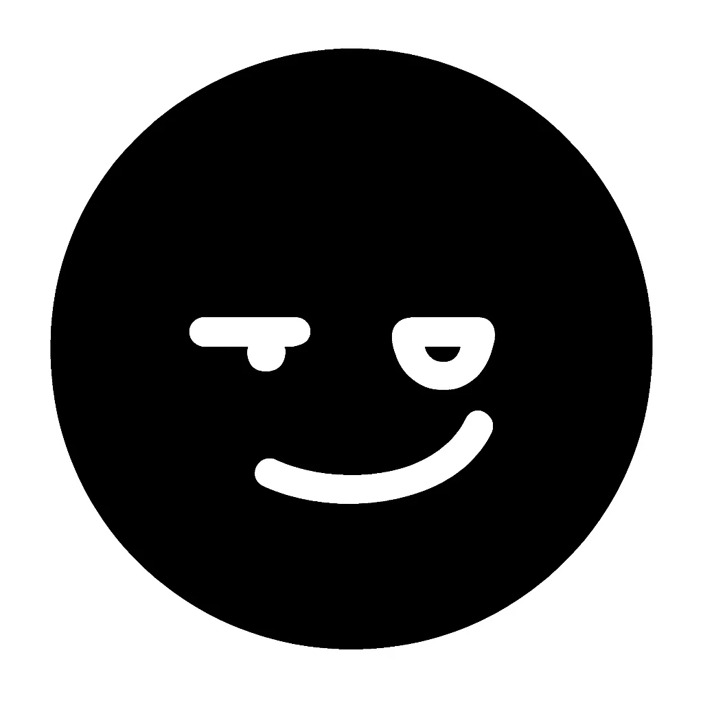 顔文字煽り｜片目をすぼめたような表情に、にやっとした笑みを組み合わせた煽り系の顔文字です。ちょっとした挑発や冗談っぽい場面などにユーモアを添える用途に使える、白抜きの個性派アイコンです。