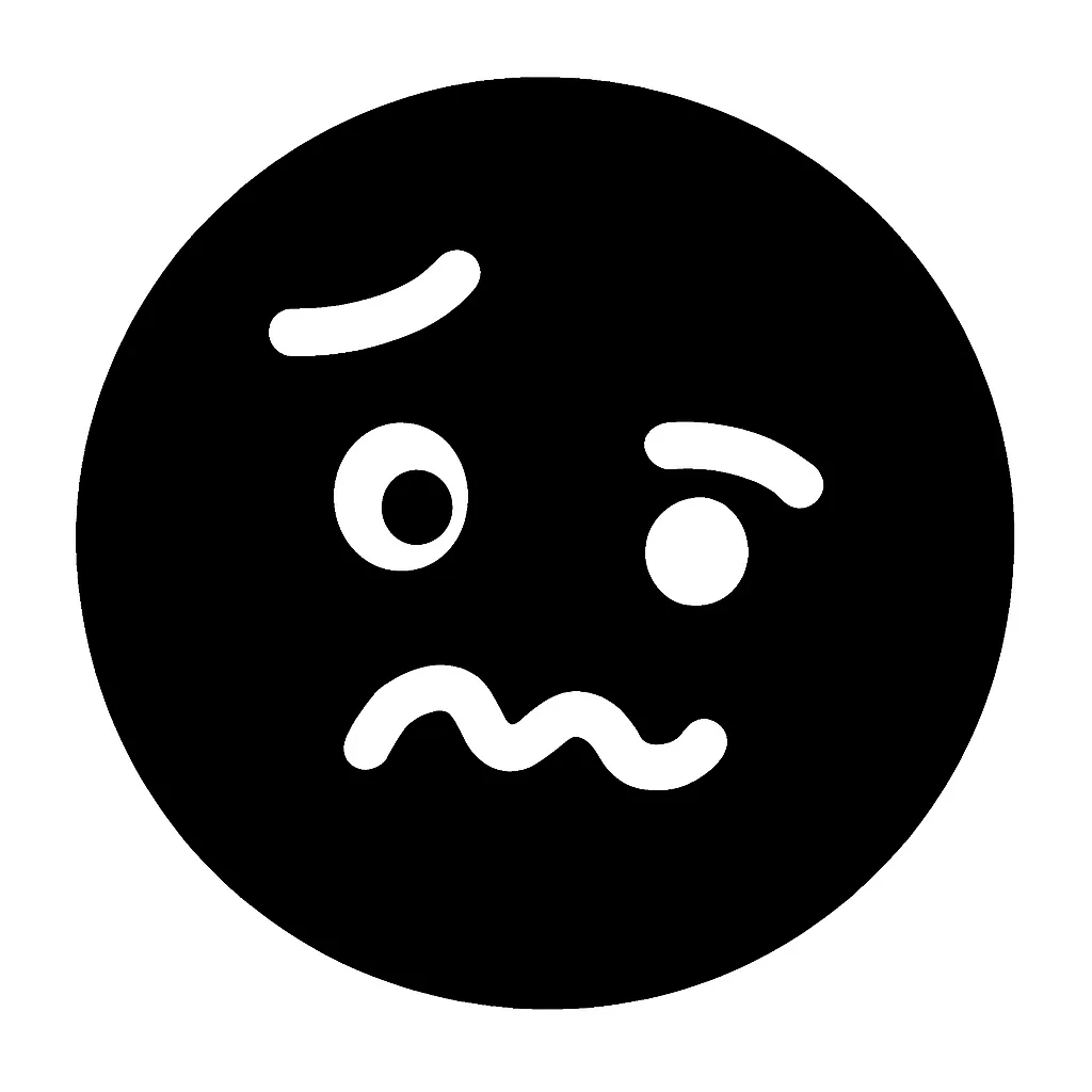 顔文字悩む｜片方の眉が上がり、口は波打った線で表現された「悩む」顔文字です。どうすべきか迷っているような、考え込む雰囲気を表すのにぴったりな白抜き表情アイコンです。